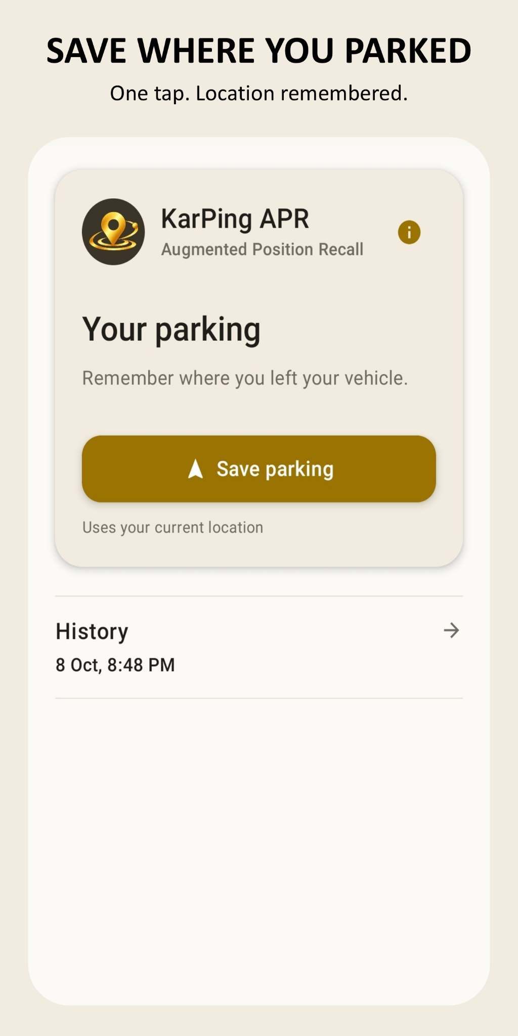KarPing APR screen with a button to save the current parking location