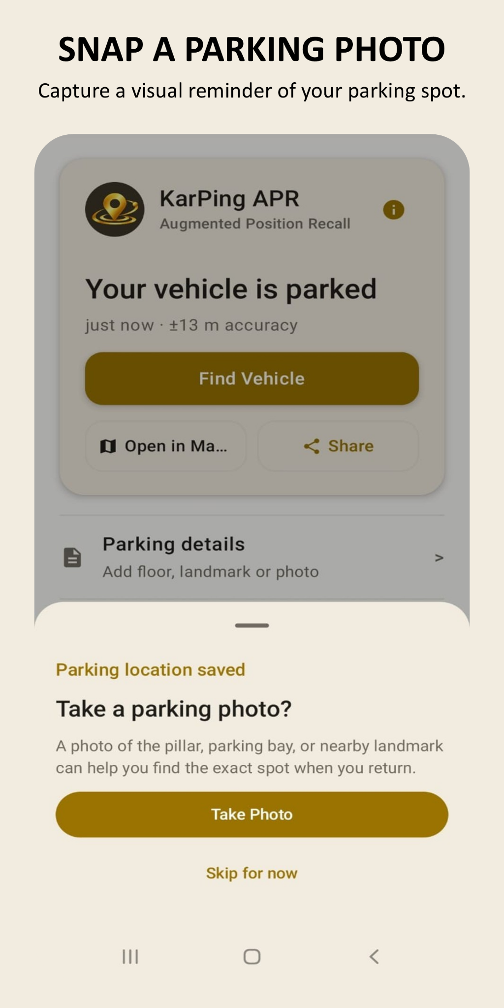 KarPing APR prompt for taking or choosing a parking photo